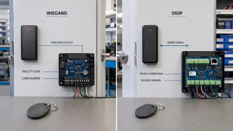 Wiegand and OSDP access-control testing paths between an RFID key fob reader and door contro Wiegand and OSDP access-control testing paths between an RFID key fob reader and door contro