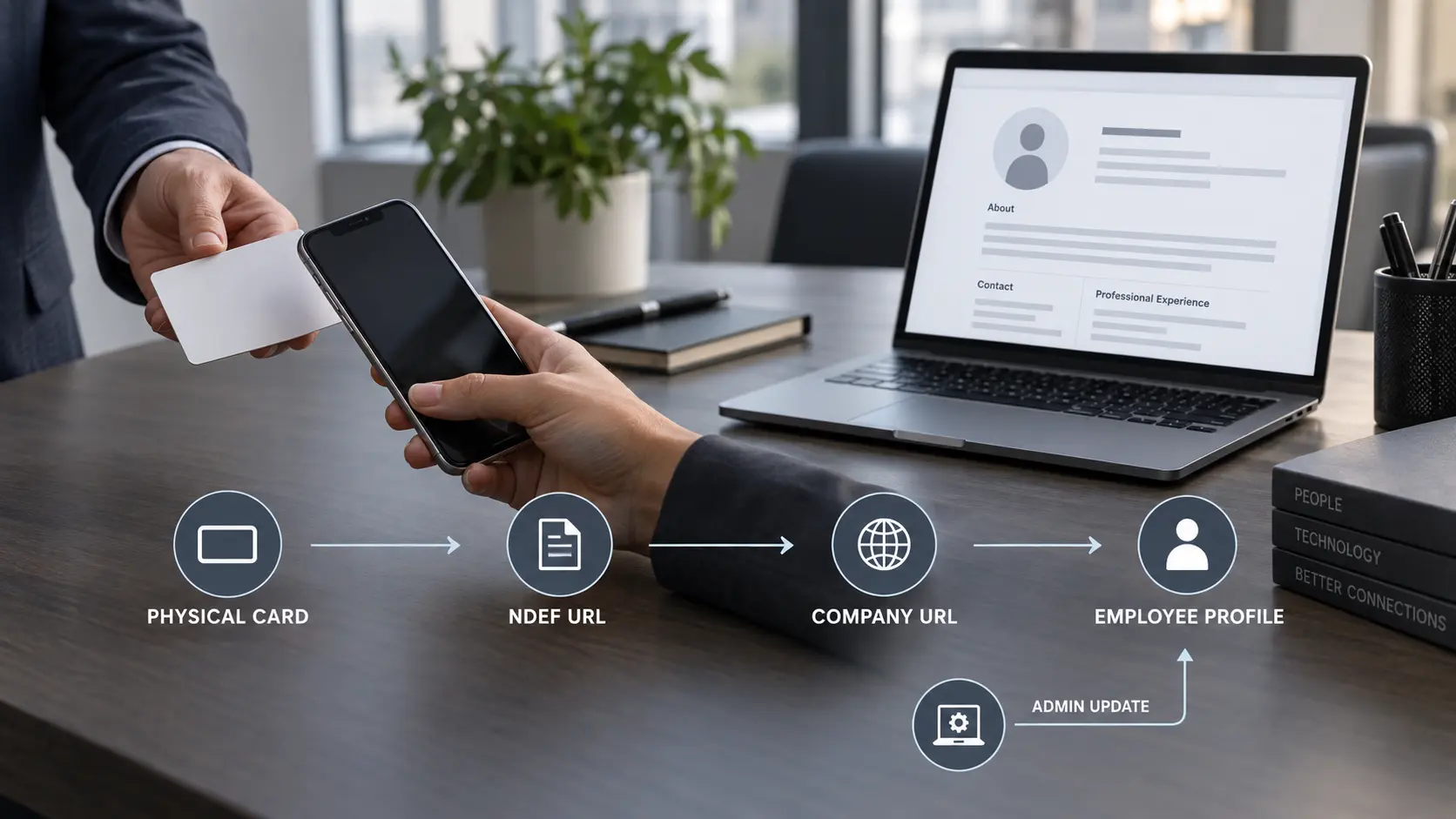 Enterprise NFC digital business card architecture showing a physical card linking through an NDEF URL to a company-controlled employee profile. Enterprise NFC digital business card architecture showing a physical card linking through an NDEF URL to a company-controlled employee profile.